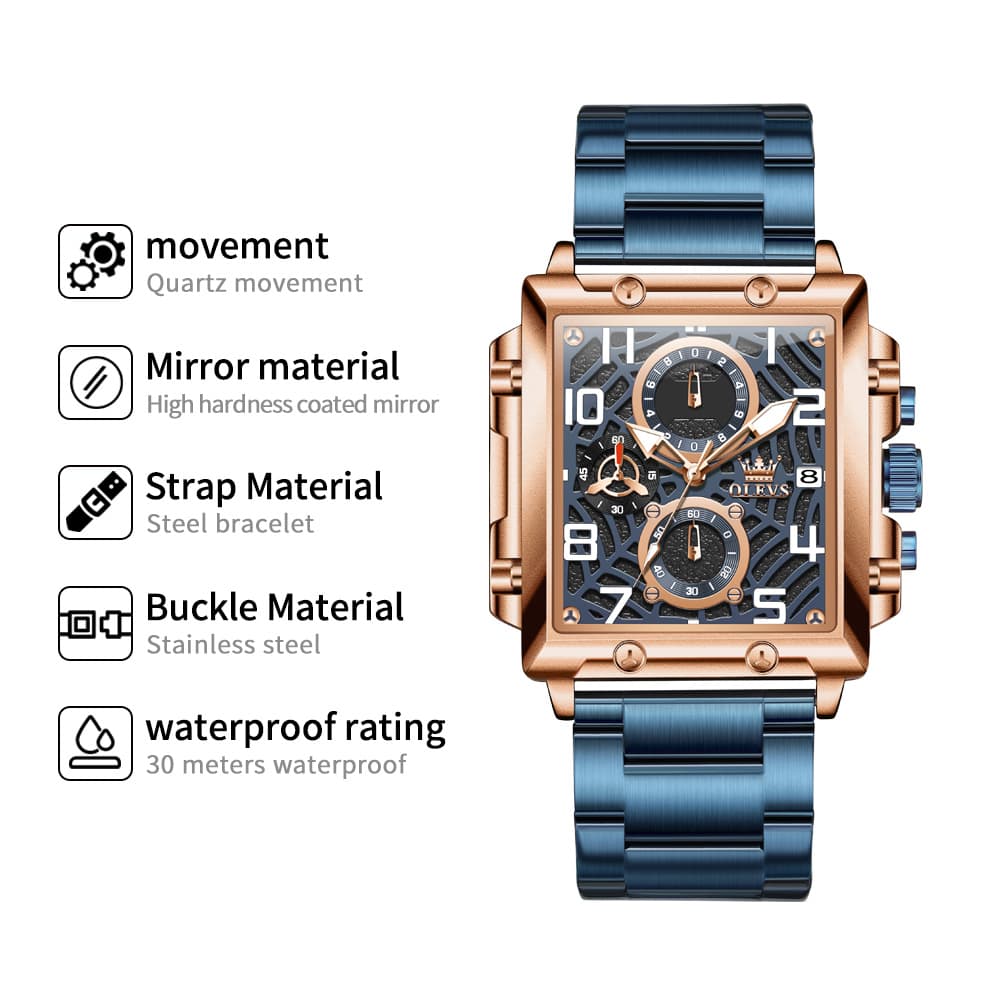 OLEVS 2958 Square Skeleton Chronograph Watch for Men - Rose Gold Watch | Olevs Watch Store