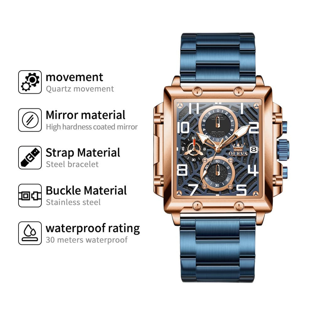 OLEVS 2958 Square Skeleton Chronograph Watch for Men - Rose Gold Watch | Olevs Watch Store