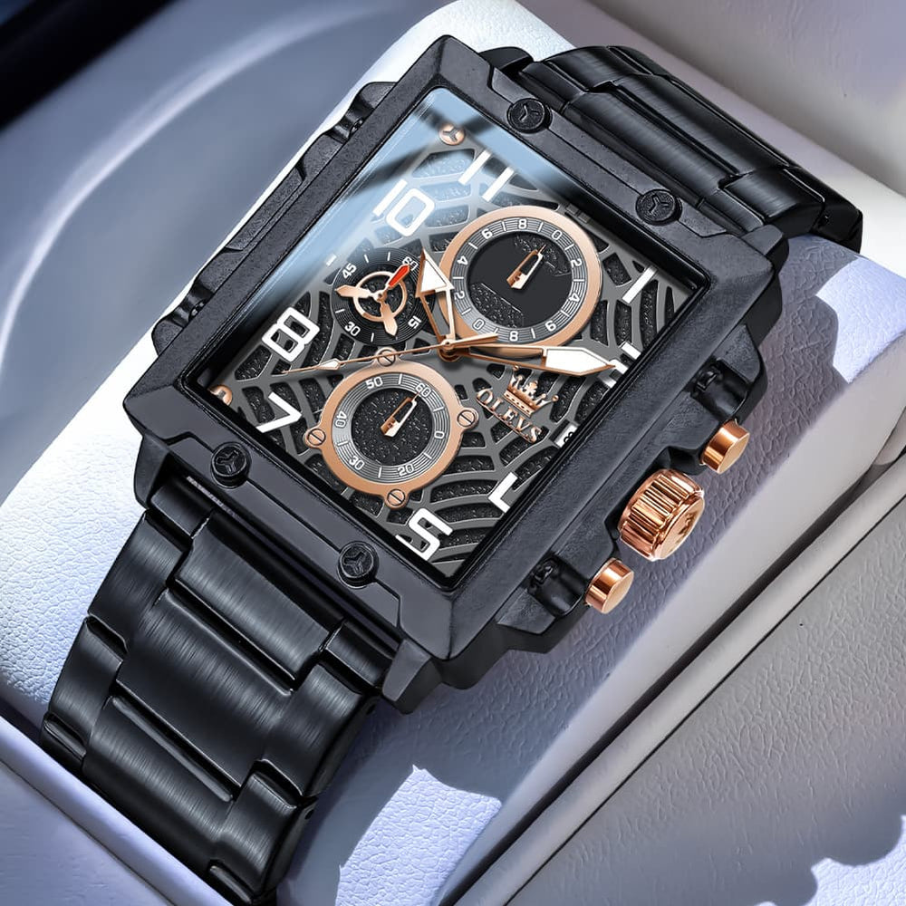 OLEVS 2958 Square Skeleton Chronograph Watch for Men - Rose Gold Watch | Olevs Watch Store