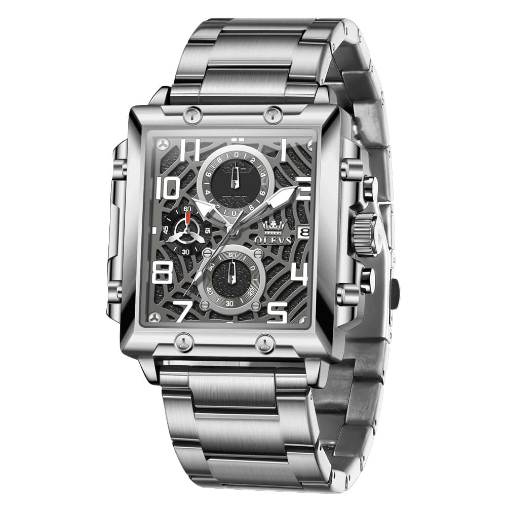 OLEVS 2958 Square Skeleton Chronograph Watch for Men - Silver Watch | Olevs Watch Store