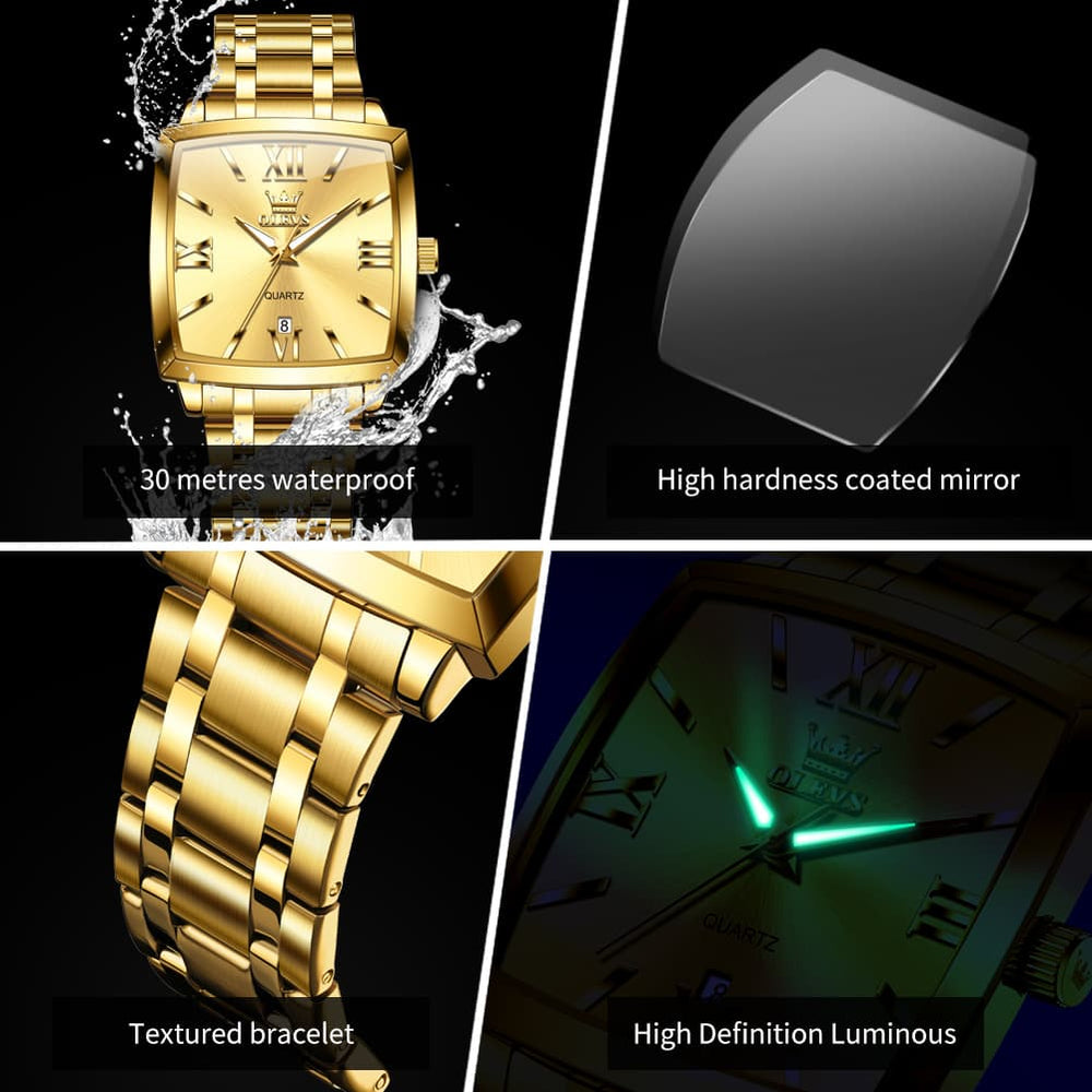 OLEVS 2969 Square Classic Quartz Watch for Men - Gold Black Watch | Olevs Watch Store