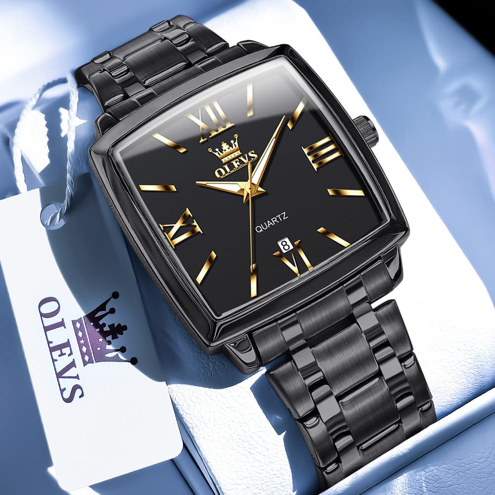 OLEVS 2969 Square Classic Quartz Watch for Men - Gold Black Watch | Olevs Watch Store