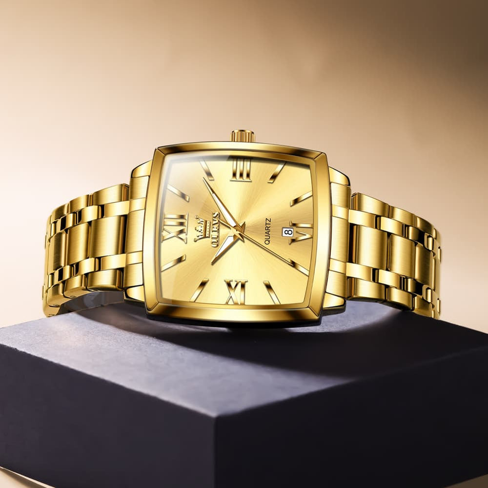 OLEVS 2969 Square Classic Quartz Watch for Men - Gold Black Watch | Olevs Watch Store