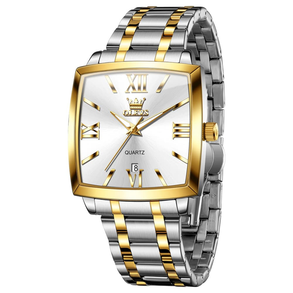OLEVS 2969 Square Classic Quartz Watch for Men - Gold White Watch | Olevs Watch Store