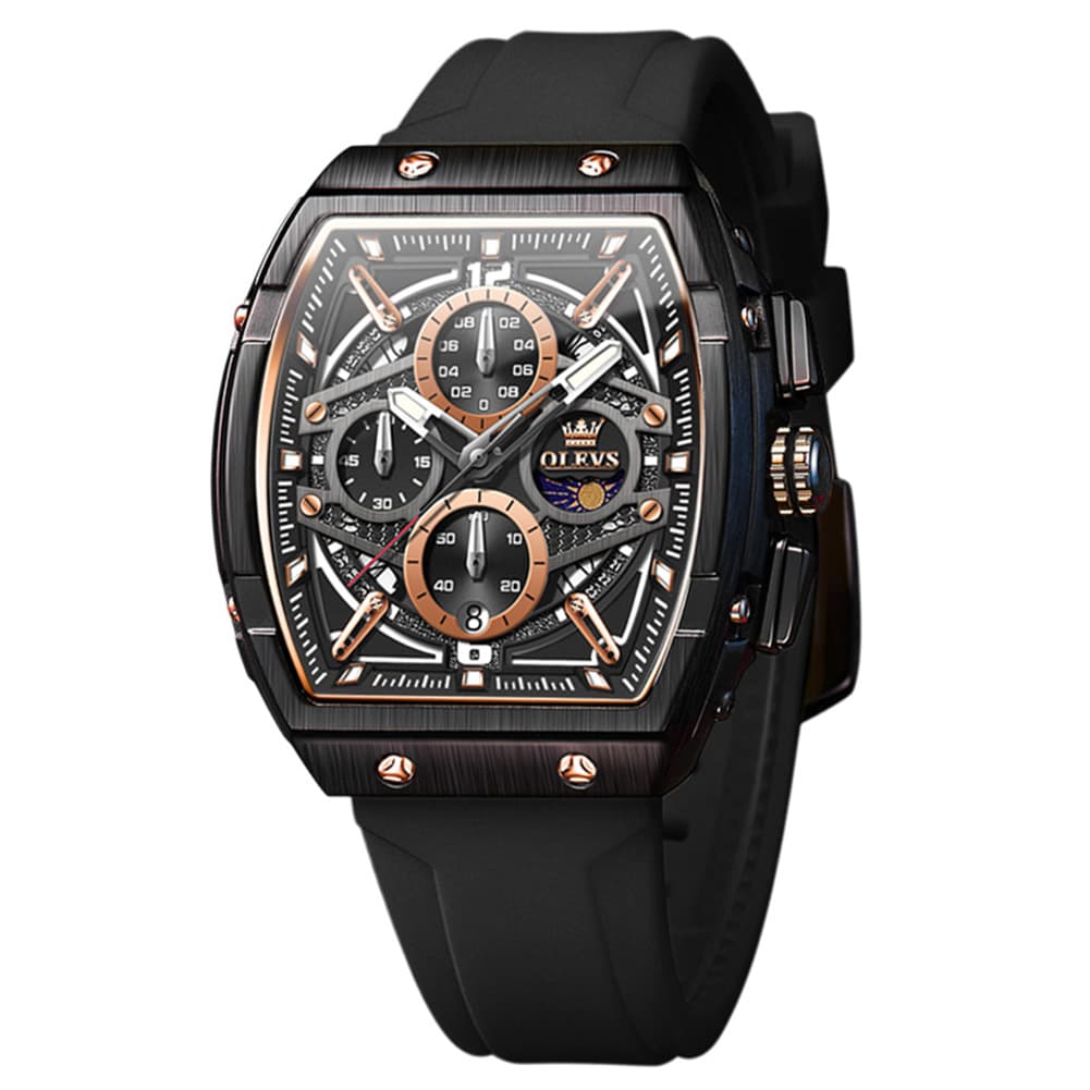OLEVS 2975 Tonneau Silicone Chronograph Watch for Men - Black Rose Gold Watch | Olevs Watch Store