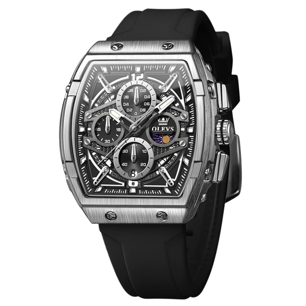 OLEVS 2975 Tonneau Silicone Chronograph Watch for Men - Black Silver Watch | Olevs Watch Store