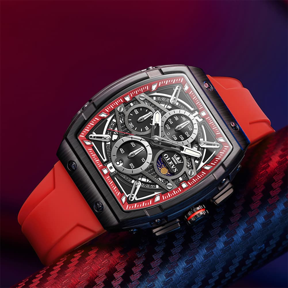 OLEVS 2975 Tonneau Silicone Chronograph Watch for Men - Black Silver Watch | Olevs Watch Store