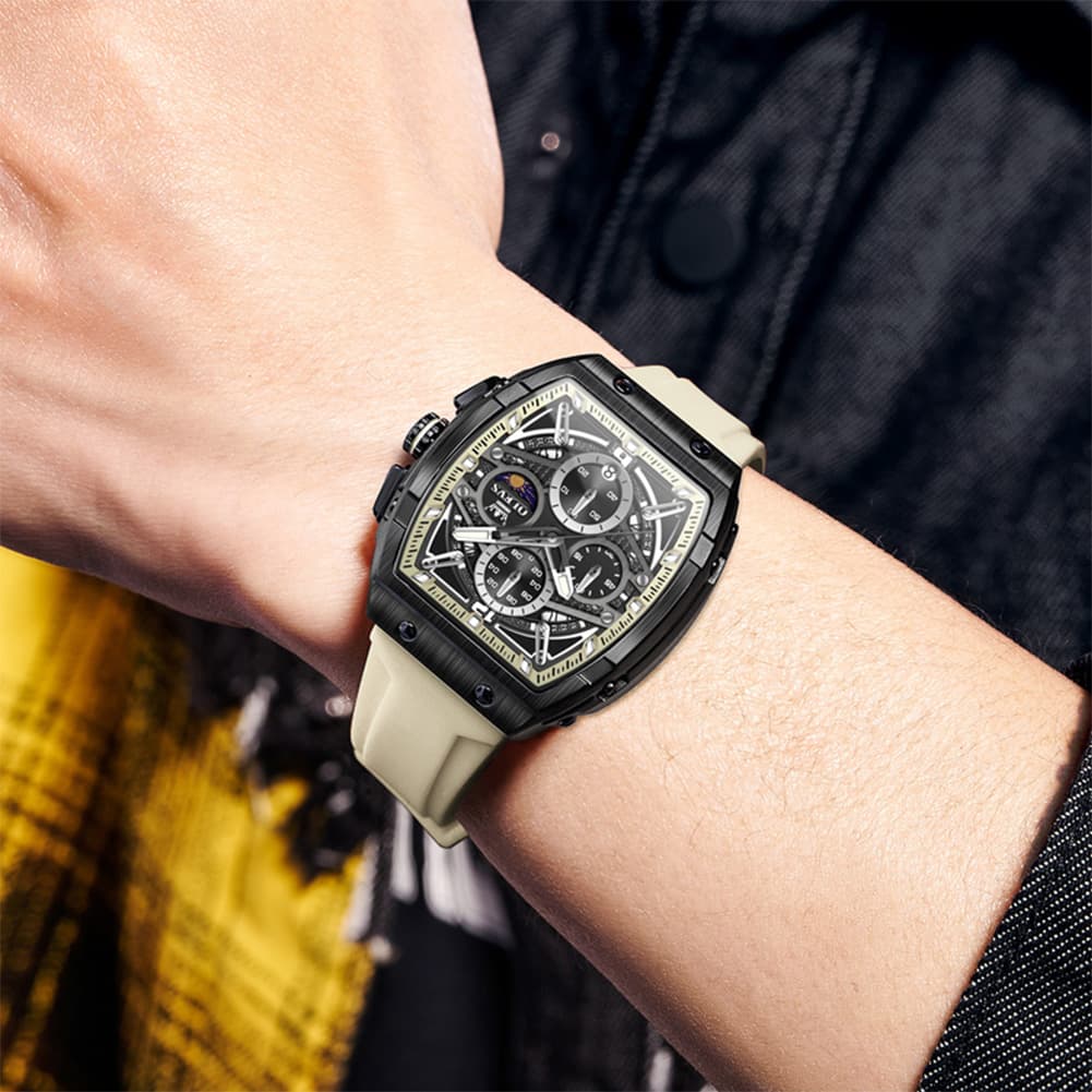 OLEVS 2975 Tonneau Silicone Chronograph Watch for Men - Black Silver Watch | Olevs Watch Store