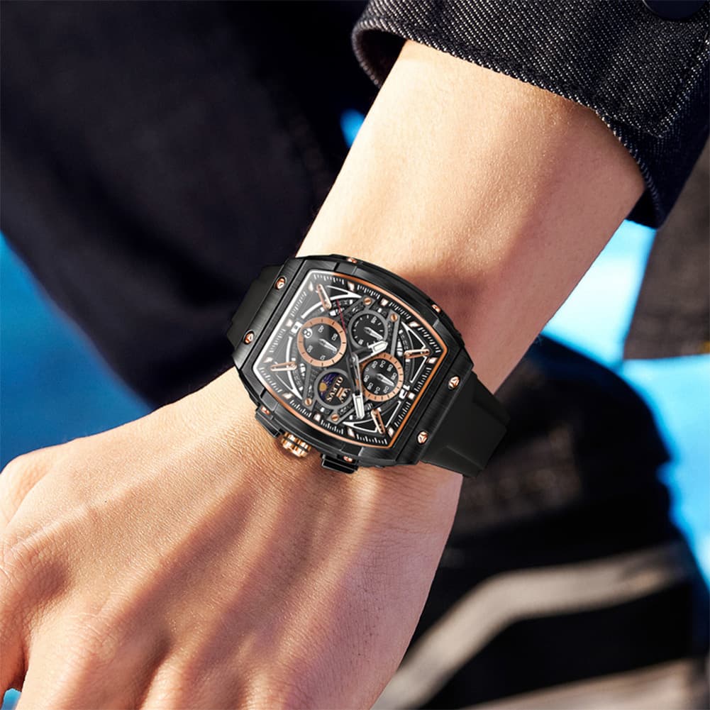 OLEVS 2975 Tonneau Silicone Chronograph Watch for Men - Black Silver Watch | Olevs Watch Store