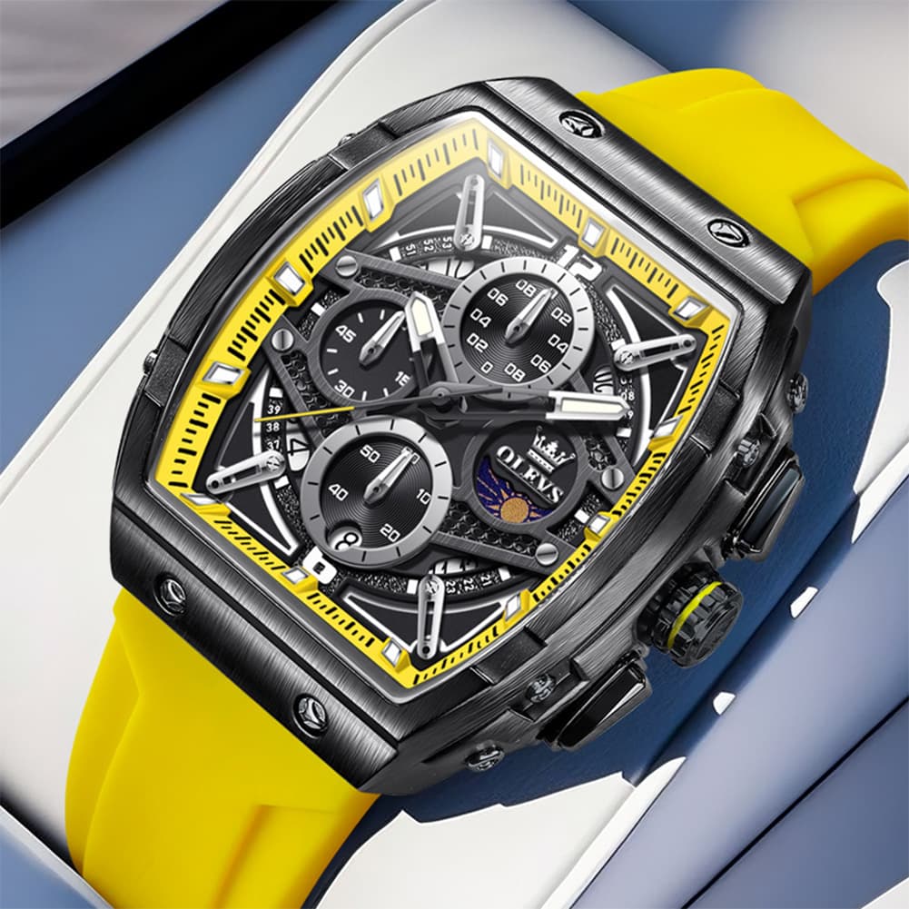 OLEVS 2975 Tonneau Silicone Chronograph Watch for Men - Black Silver Watch | Olevs Watch Store