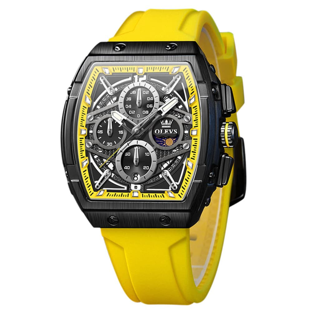OLEVS 2975 Tonneau Silicone Chronograph Watch for Men - Black Silver Watch | Olevs Watch Store