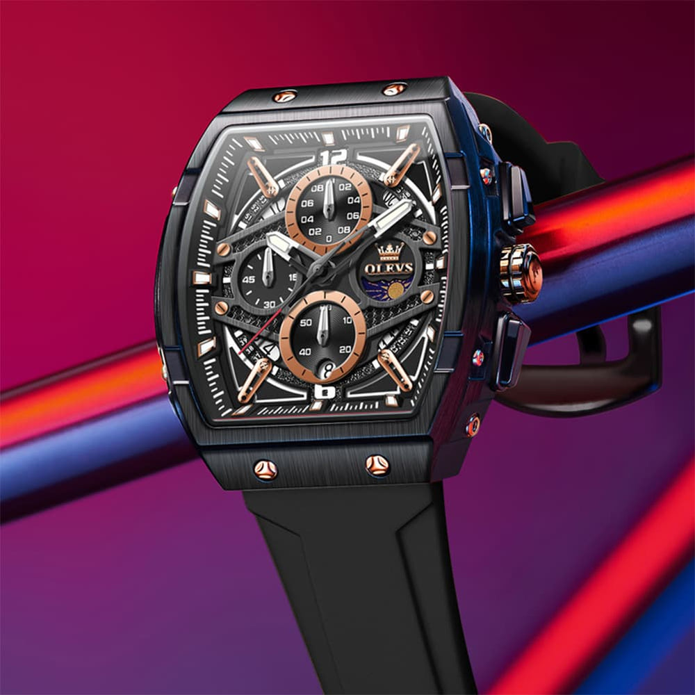 OLEVS 2975 Tonneau Silicone Chronograph Watch for Men - Black Silver Watch | Olevs Watch Store