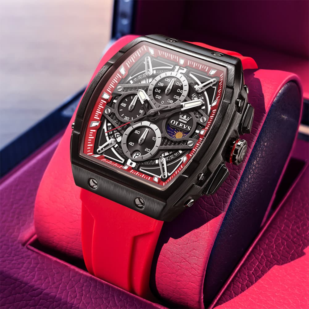 OLEVS 2975 Tonneau Silicone Chronograph Watch for Men - Black Silver Watch | Olevs Watch Store