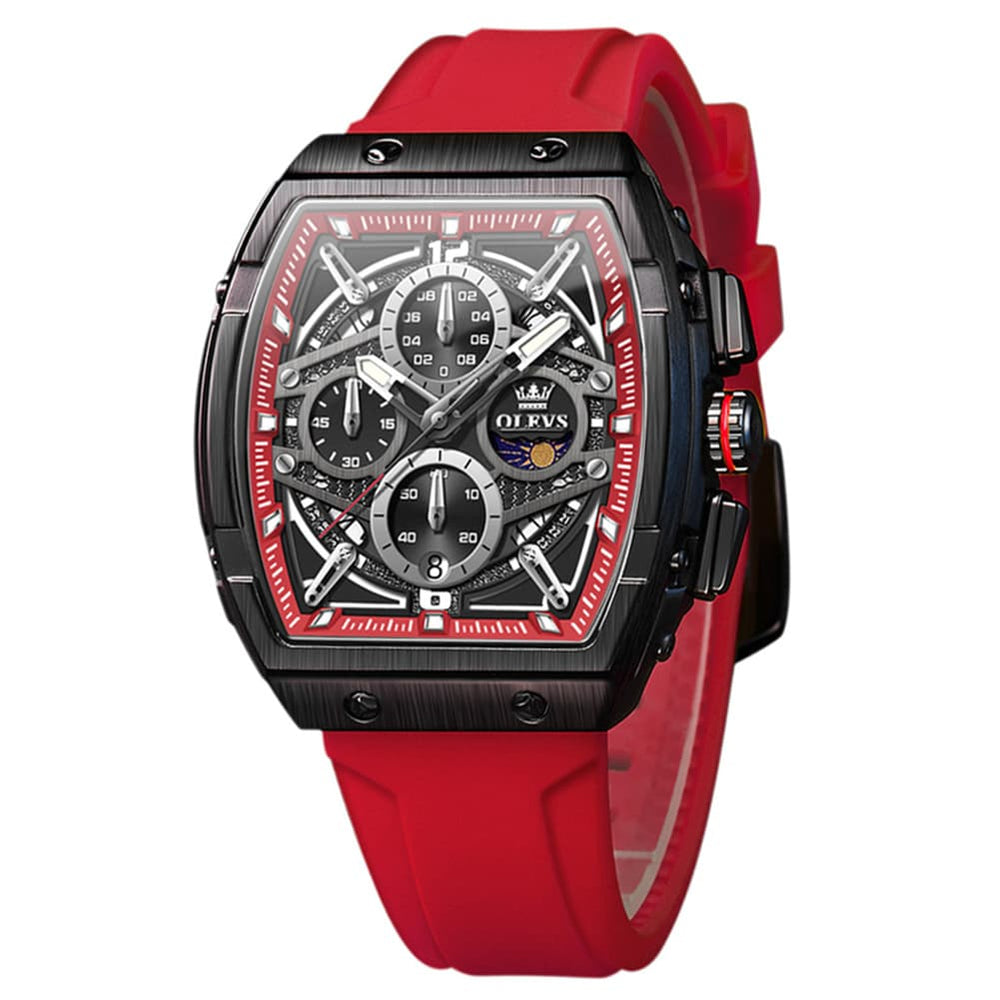 OLEVS 2975 Tonneau Silicone Chronograph Watch for Men - Red Watch | Olevs Watch Store