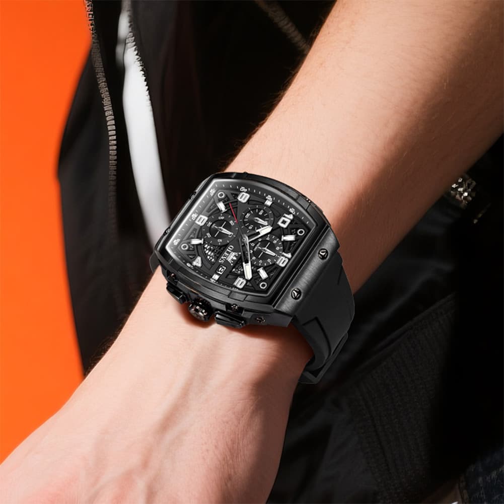OLEVS 2976 Tonneau Silicone Chronograph Watch for Men - All Black Watch | Olevs Watch Store