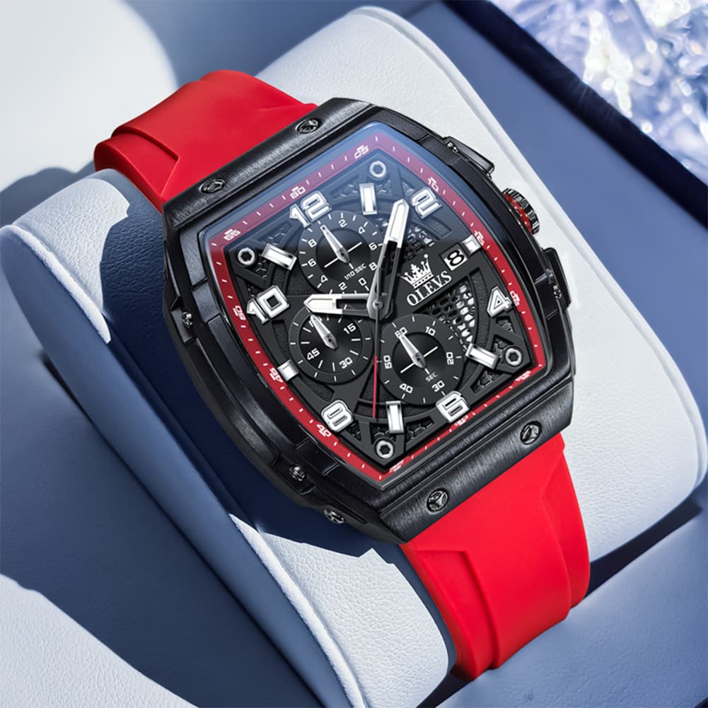 OLEVS 2976 Tonneau Silicone Chronograph Watch for Men - All Black Watch | Olevs Watch Store