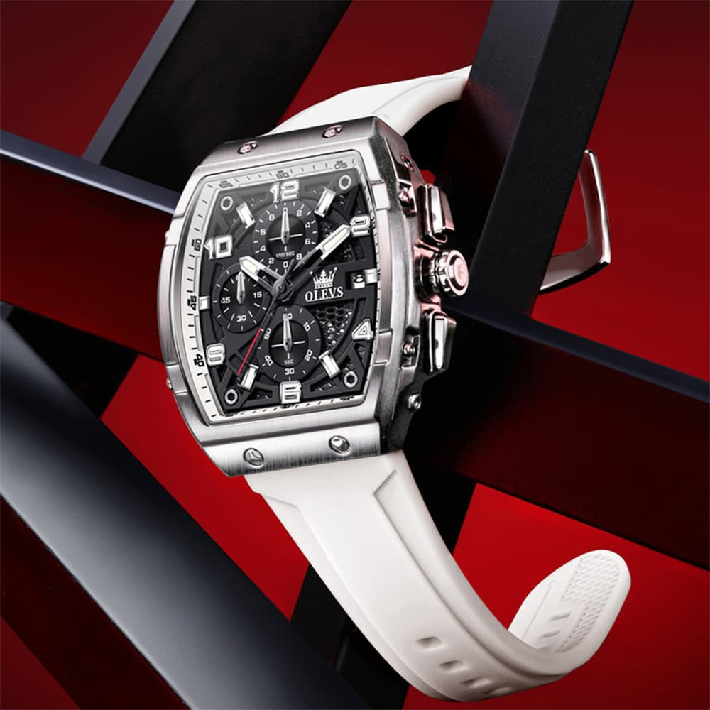 OLEVS 2976 Tonneau Silicone Chronograph Watch for Men - All Black Watch | Olevs Watch Store
