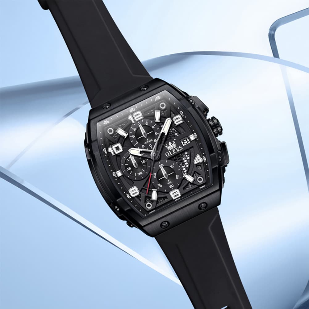 OLEVS 2976 Tonneau Silicone Chronograph Watch for Men - All Black Watch | Olevs Watch Store