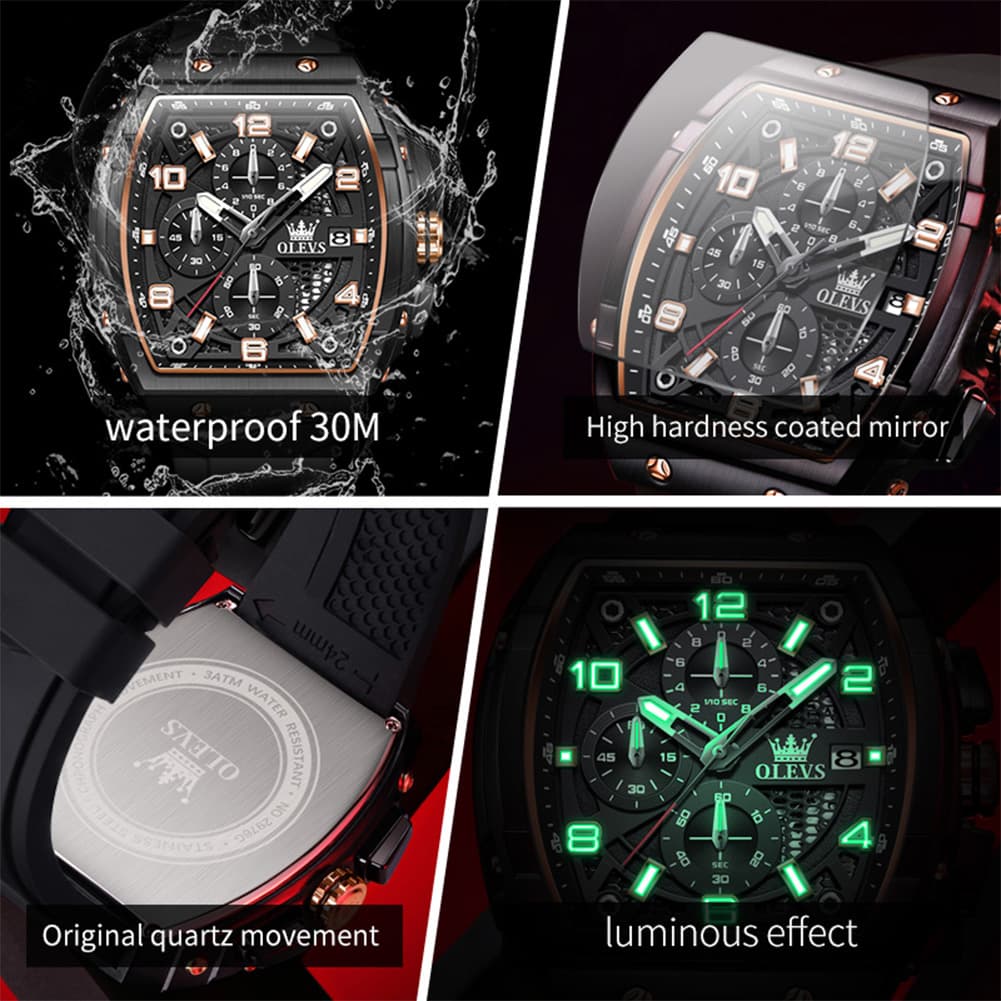 OLEVS 2976 Tonneau Silicone Chronograph Watch for Men - All Black Watch | Olevs Watch Store