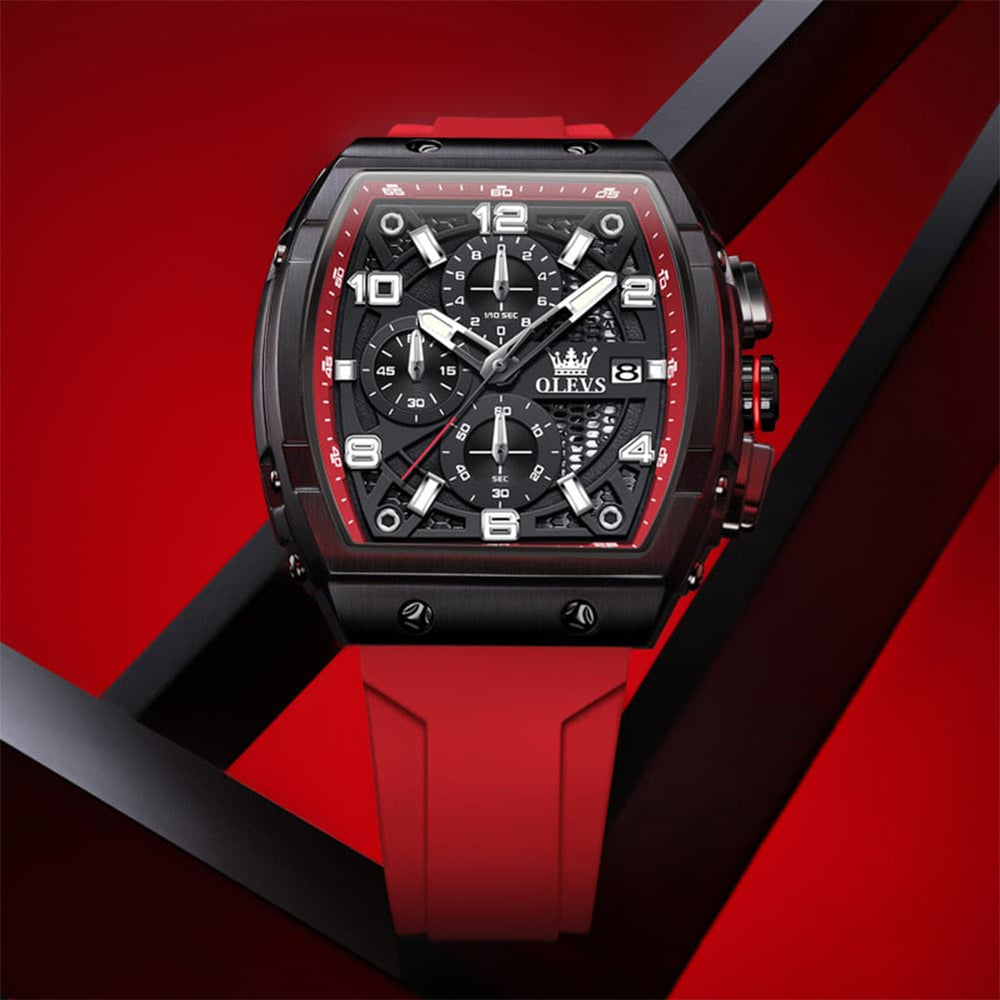 OLEVS 2976 Tonneau Silicone Chronograph Watch for Men - All Black Watch | Olevs Watch Store