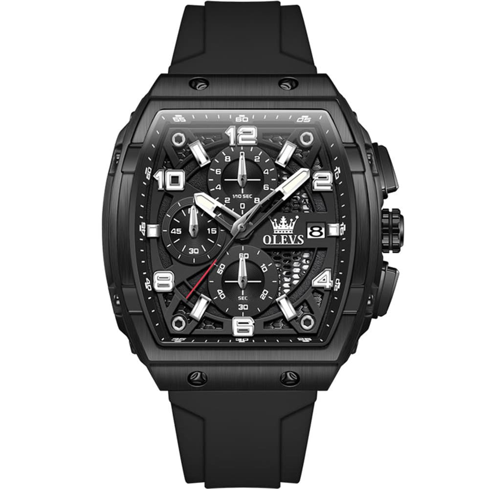 OLEVS 2976 Tonneau Silicone Chronograph Watch for Men - All Black Watch | Olevs Watch Store