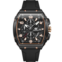 OLEVS 2976 Tonneau Silicone Chronograph Watch for Men - Black Rose Gold Watch | Olevs Watch Store