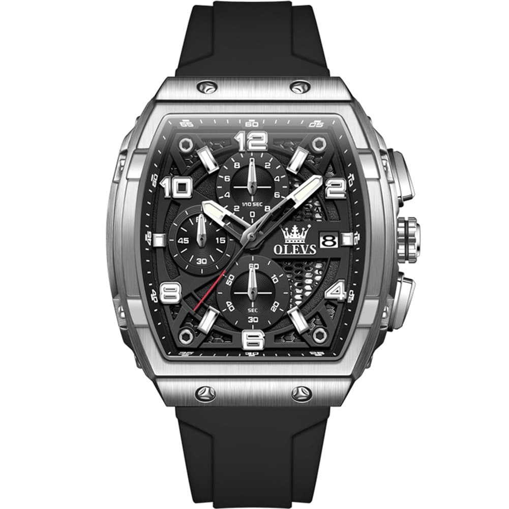 OLEVS 2976 Tonneau Silicone Chronograph Watch for Men - Black Silver Watch | Olevs Watch Store