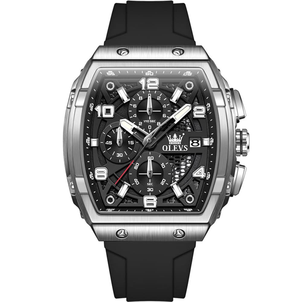 OLEVS 2976 Tonneau Silicone Chronograph Watch for Men - Black Silver Watch | Olevs Watch Store