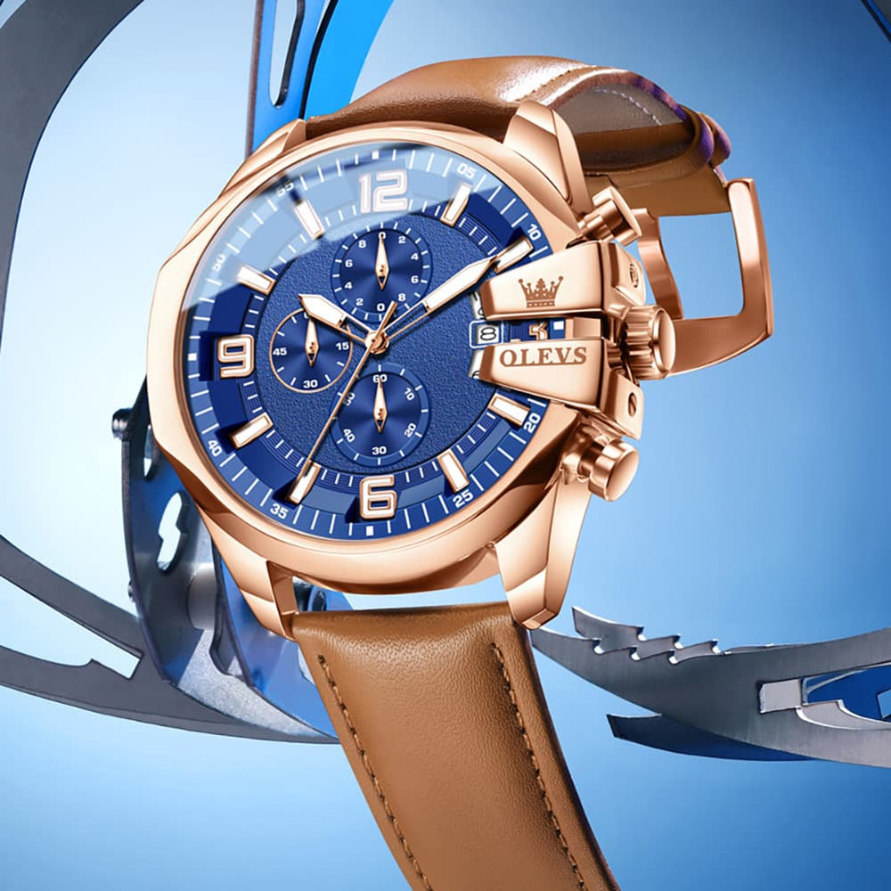 OLEVS 2978 Oversized 50mm Chronograph Quartz Watch for Men - Rose Blue Blue Watch | Olevs Watch Store