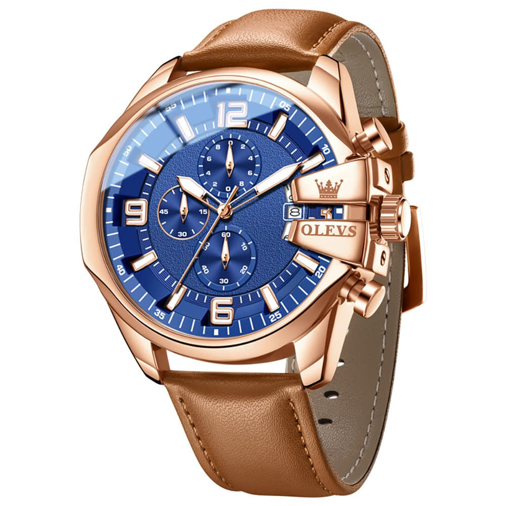 OLEVS 2978 Oversized 50mm Chronograph Quartz Watch for Men - Rose Blue Brown Watch | Olevs Watch Store