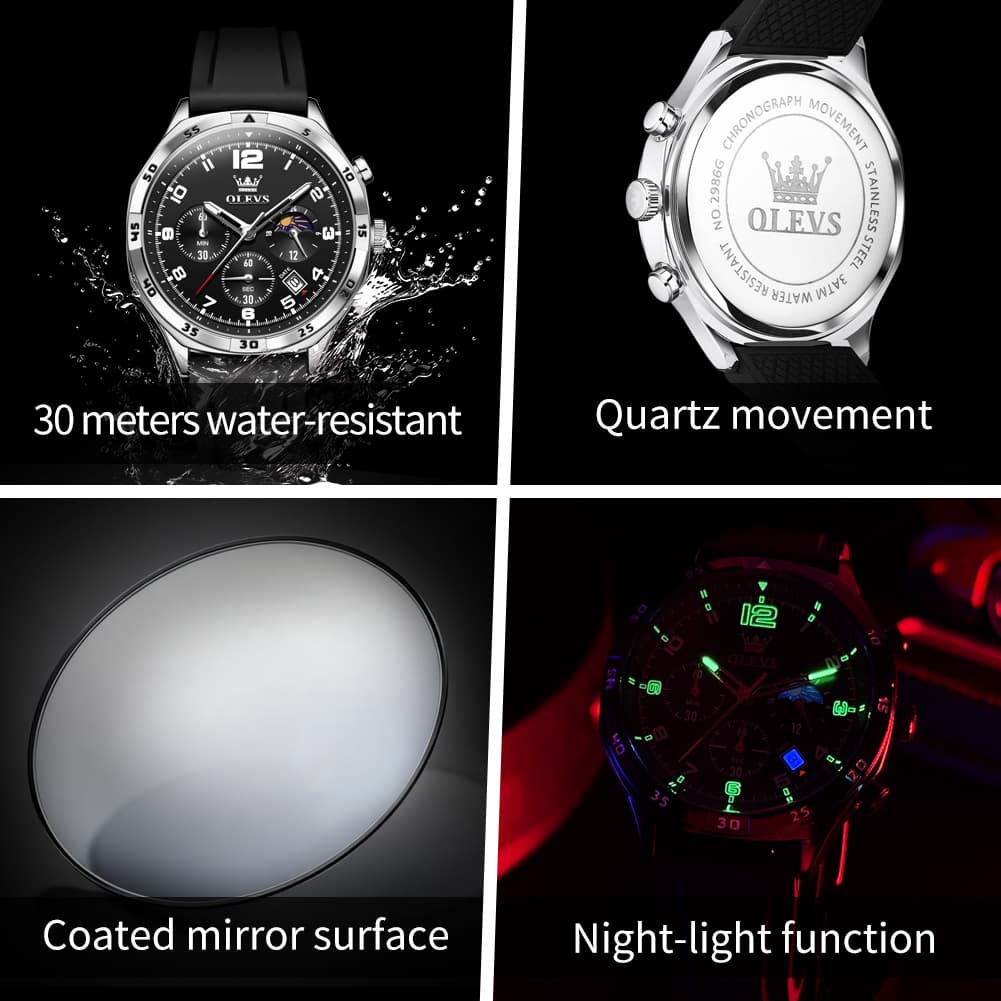 OLEVS 2986 Silicone Moon Phase Chronograph Watch for Men - All Black Watch | Olevs Watch Store