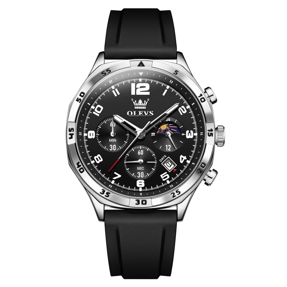 OLEVS 2986 Silicone Moon Phase Chronograph Watch for Men - All Black Watch | Olevs Watch Store