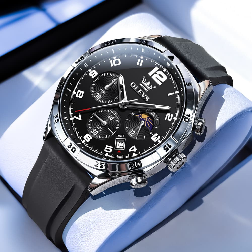 OLEVS 2986 Silicone Moon Phase Chronograph Watch for Men - All Black Watch | Olevs Watch Store