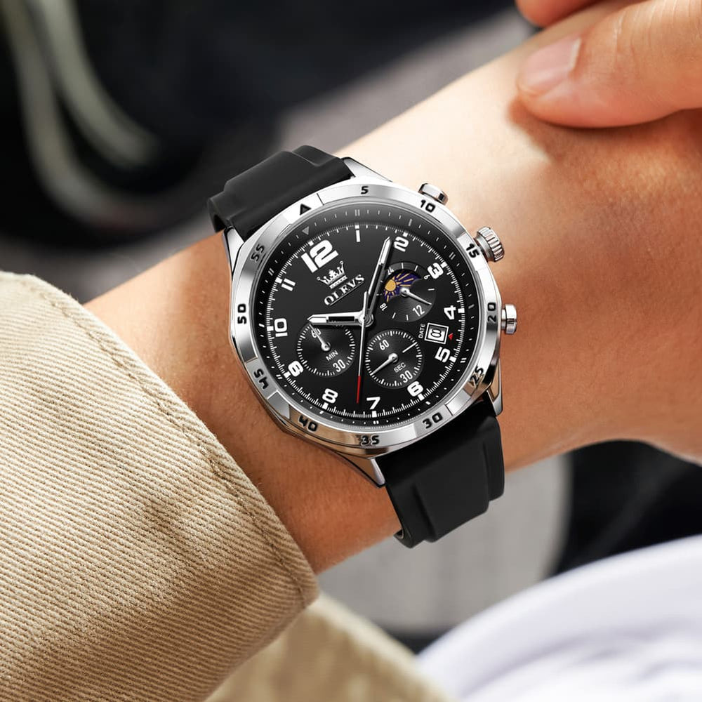 OLEVS 2986 Silicone Moon Phase Chronograph Watch for Men - All Black Watch | Olevs Watch Store
