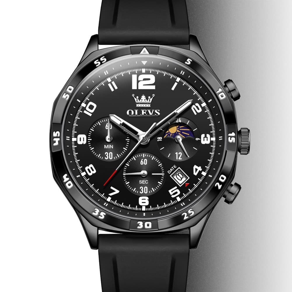 OLEVS 2986 Silicone Moon Phase Chronograph Watch for Men - All Black Watch | Olevs Watch Store