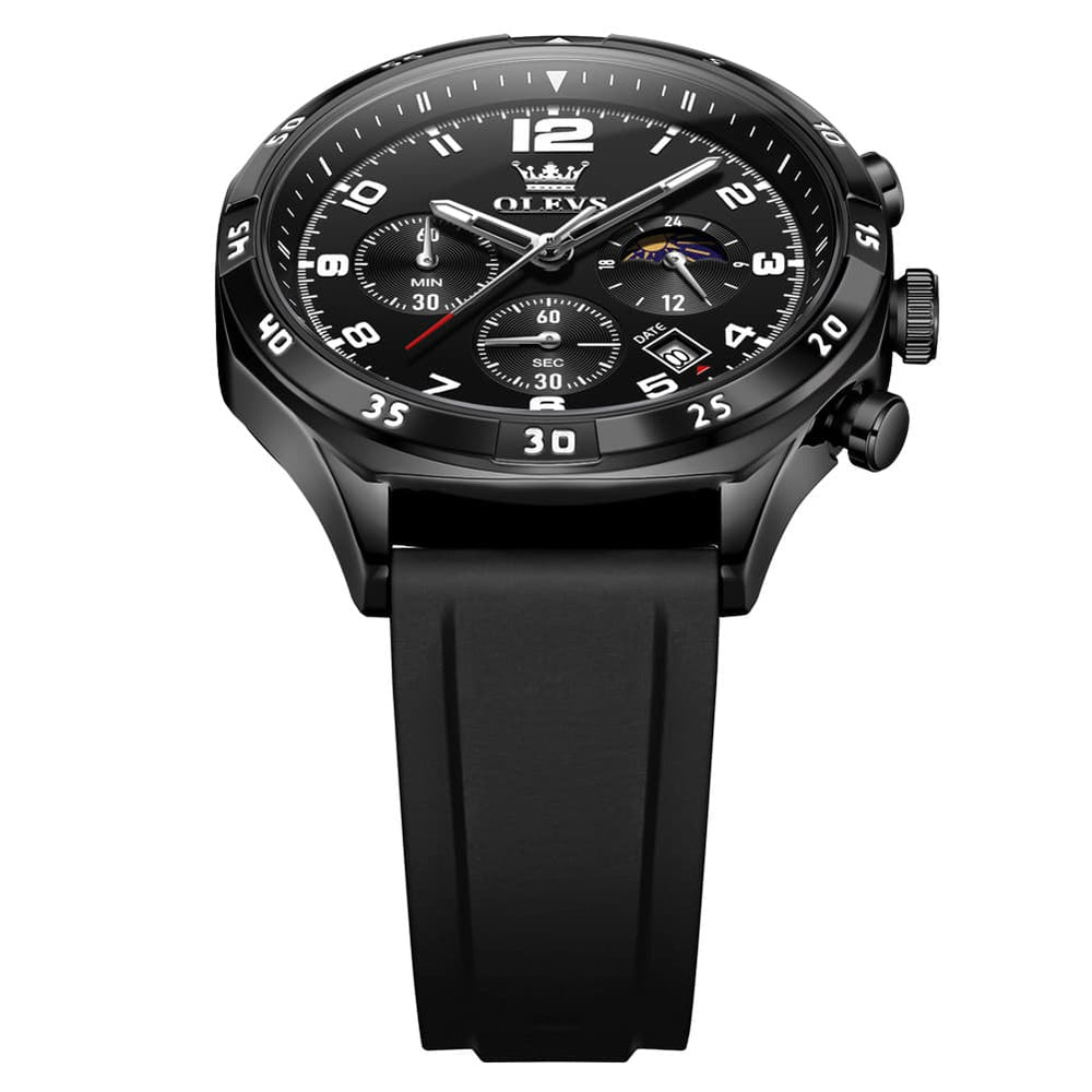 OLEVS 2986 Silicone Moon Phase Chronograph Watch for Men - All Black Watch | Olevs Watch Store