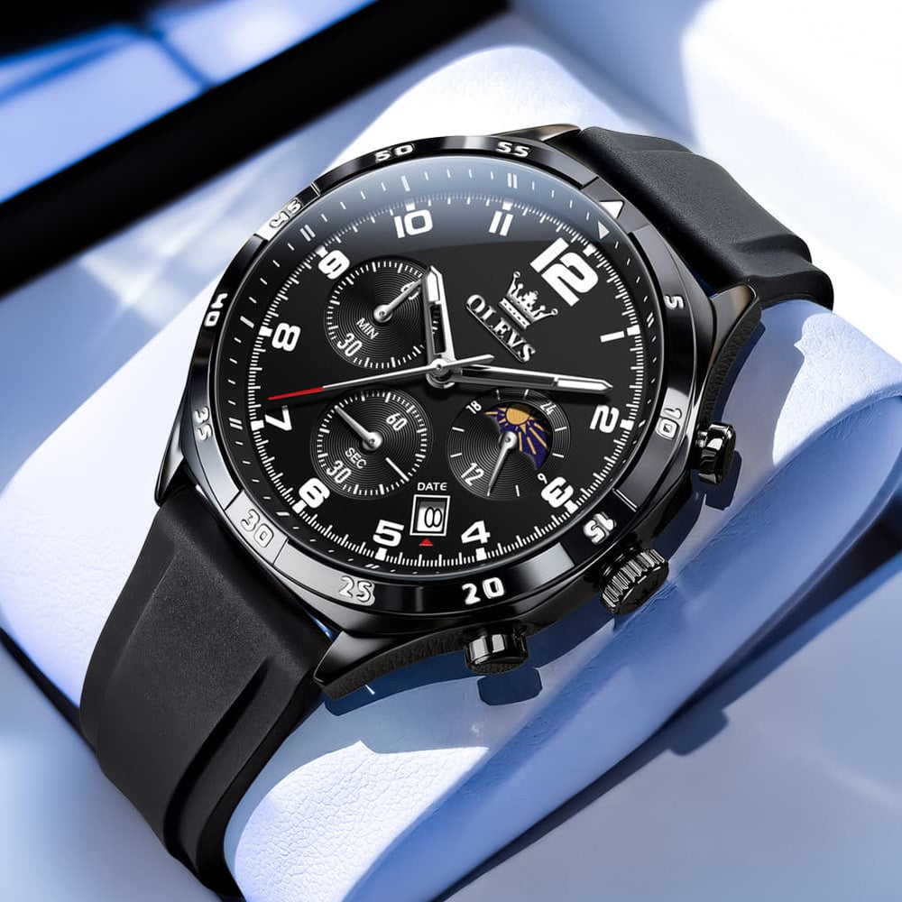 OLEVS 2986 Silicone Moon Phase Chronograph Watch for Men - All Black Watch | Olevs Watch Store