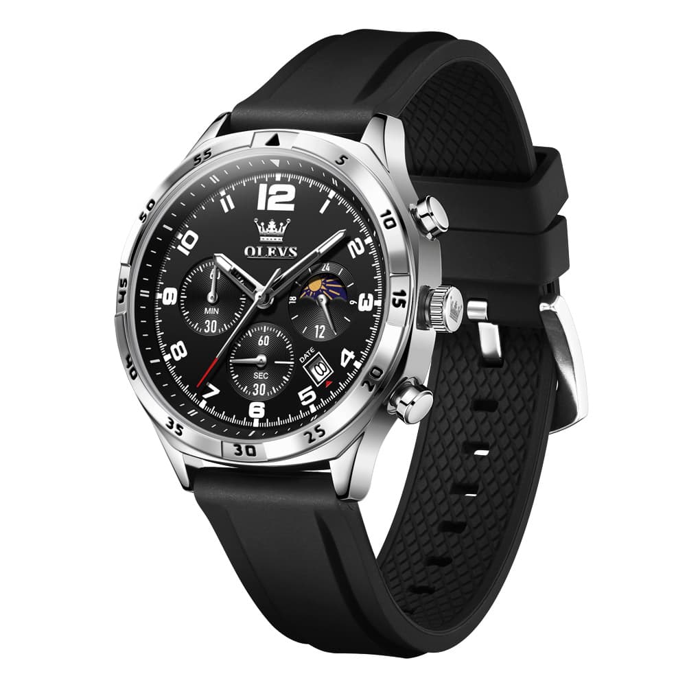 OLEVS 2986 Silicone Moon Phase Chronograph Watch for Men - Silver Black Watch | Olevs Watch Store