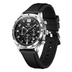 OLEVS 2986 Silicone Moon Phase Chronograph Watch for Men - Silver Black Watch | Olevs Watch Store