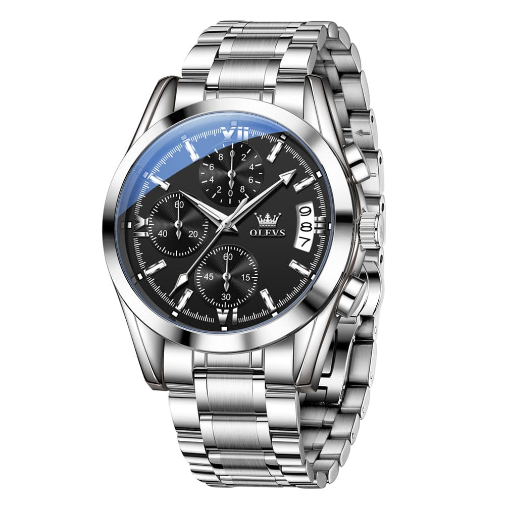OLEVS 2987 Stainless Steel Chronograph Quartz Watch for Men - Silver Black Watch | Olevs Watch Store