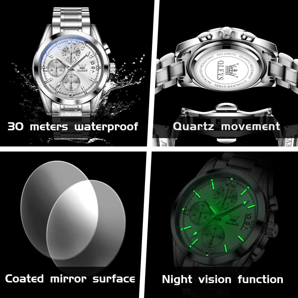 OLEVS 2987 Stainless Steel Chronograph Quartz Watch for Men - Silver Champagne Watch | Olevs Watch Store