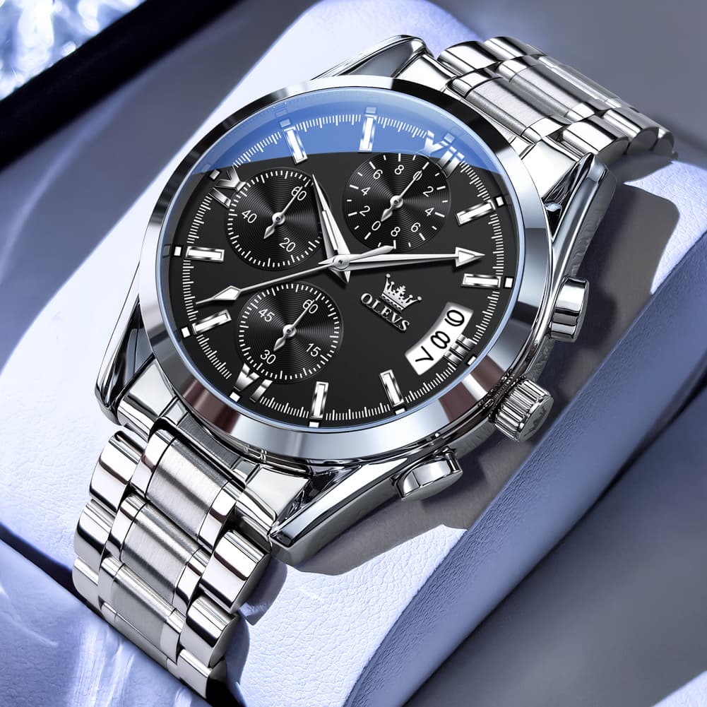 OLEVS 2987 Stainless Steel Chronograph Quartz Watch for Men - Silver Champagne Watch | Olevs Watch Store