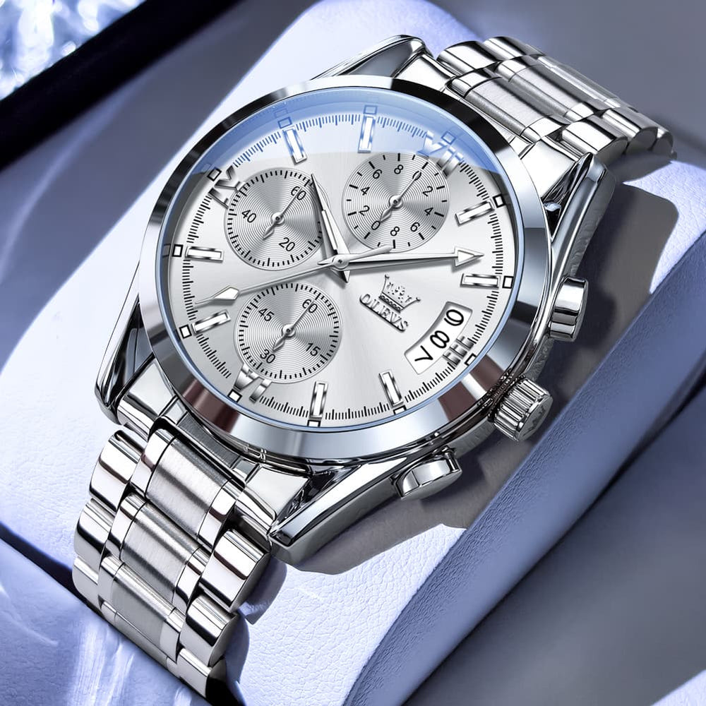 OLEVS 2987 Stainless Steel Chronograph Quartz Watch for Men - Silver Champagne Watch | Olevs Watch Store