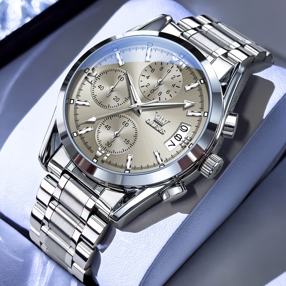 OLEVS 2987 Stainless Steel Chronograph Quartz Watch for Men - Silver Champagne Watch | Olevs Watch Store