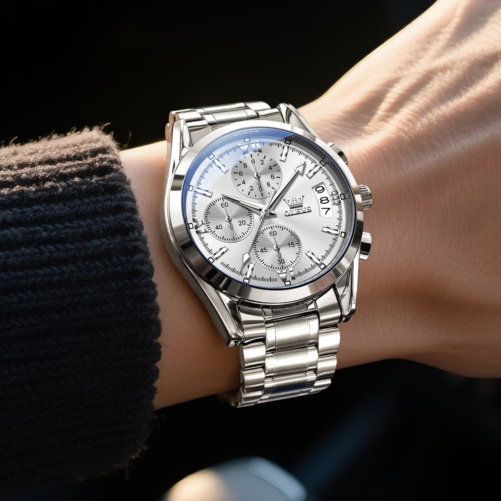 OLEVS 2987 Stainless Steel Chronograph Quartz Watch for Men - Silver Champagne Watch | Olevs Watch Store