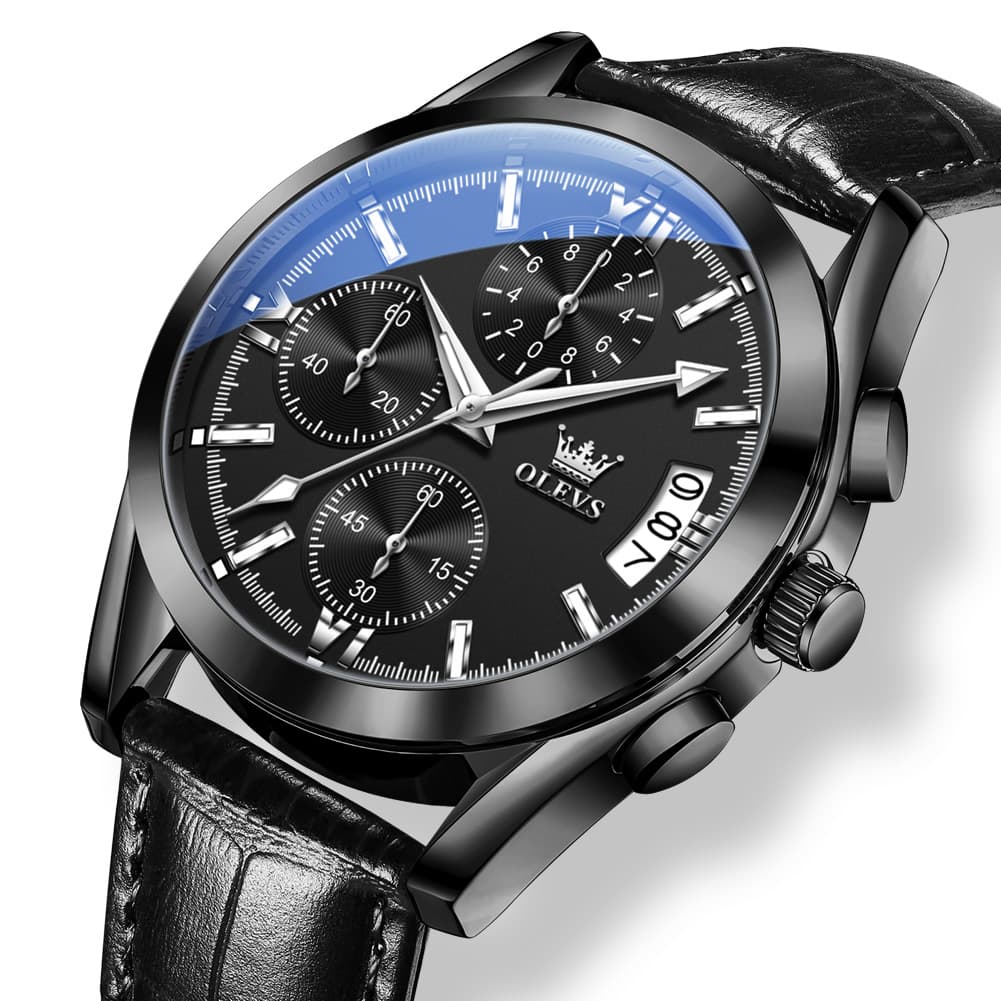 OLEVS 2987 Ultra-Light Leather Chronograph Quartz Watch for Men - All Black Watch | Olevs Watch Store