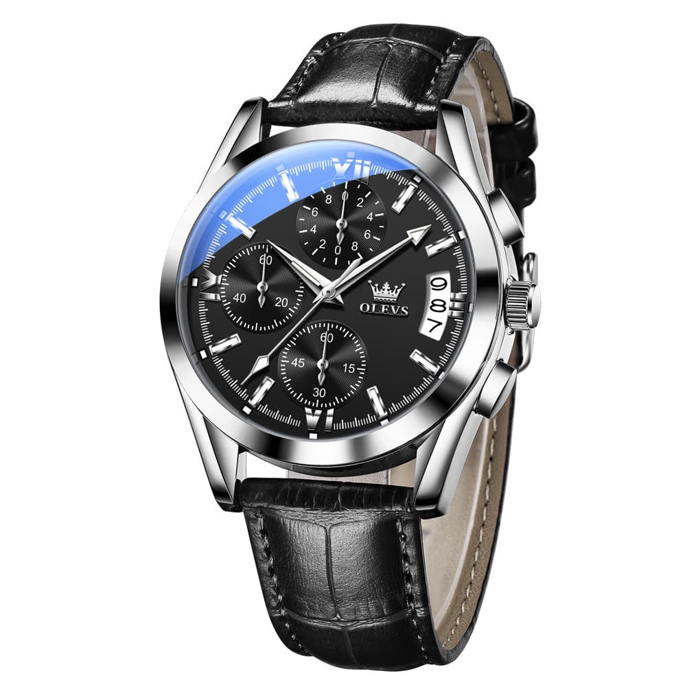 OLEVS 2987 Ultra-Light Leather Chronograph Quartz Watch for Men - Silver Black Watch | Olevs Watch Store