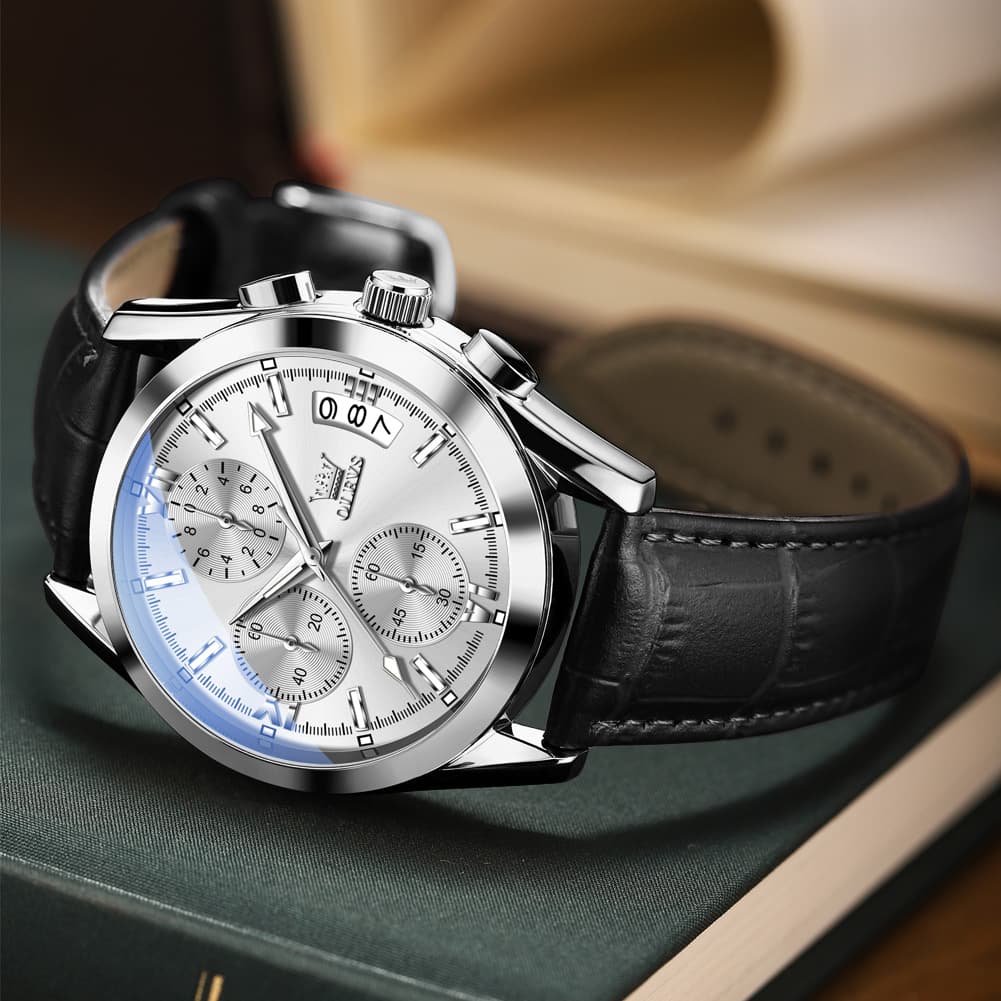 OLEVS 2987 Ultra-Light Leather Chronograph Quartz Watch for Men - Silver Grey Watch | Olevs Watch Store