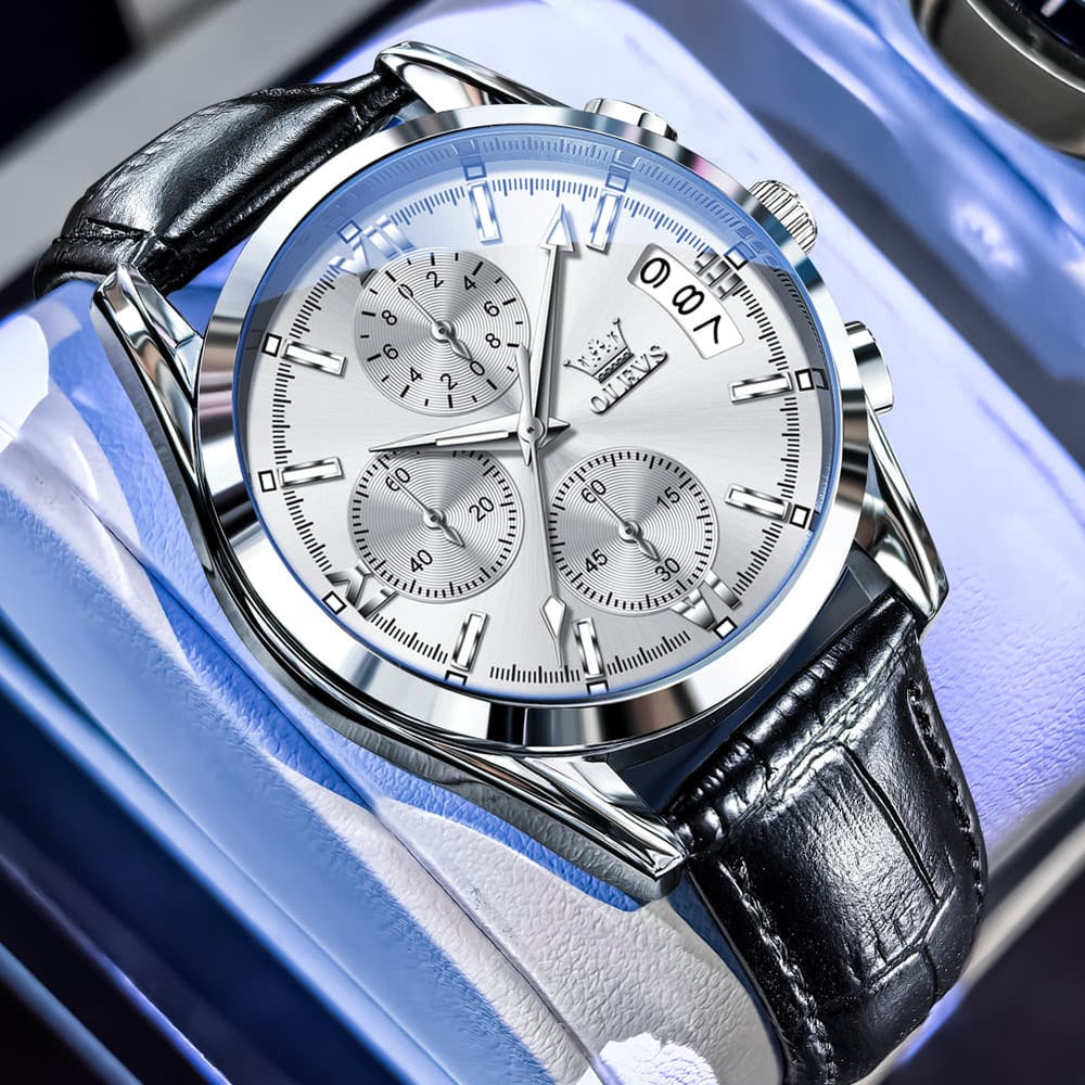 OLEVS 2987 Ultra-Light Leather Chronograph Quartz Watch for Men - Silver Grey Watch | Olevs Watch Store