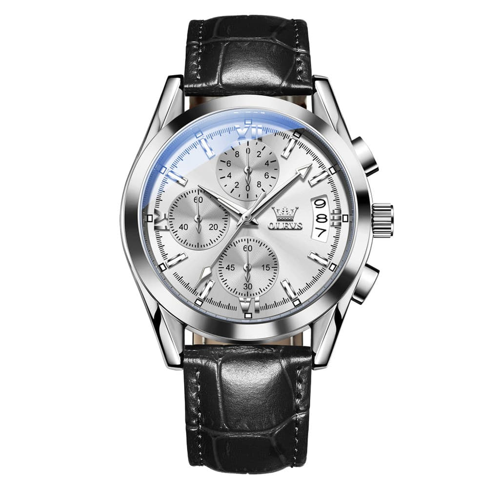 OLEVS 2987 Ultra-Light Leather Chronograph Quartz Watch for Men - Silver Grey Watch | Olevs Watch Store
